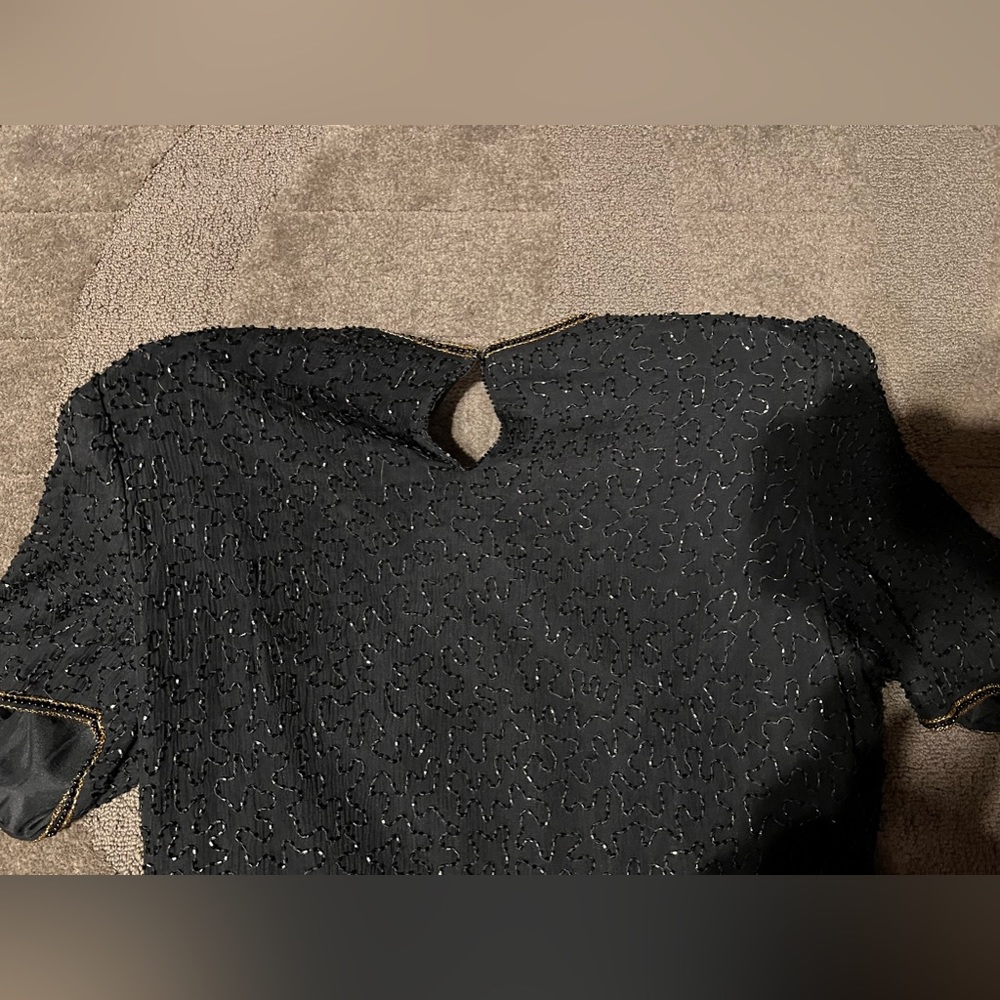 Vintage Scala Gold & Black Beaded Short Sleeve Top Blouse Shoulder Pads Keyhole - Picture 10 of 16